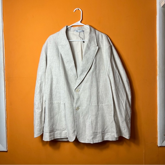 ZARA Linen Blend Sports Coat Blazer Size XL Jacket Ivory Cream Size Large - Picture 1 of 7